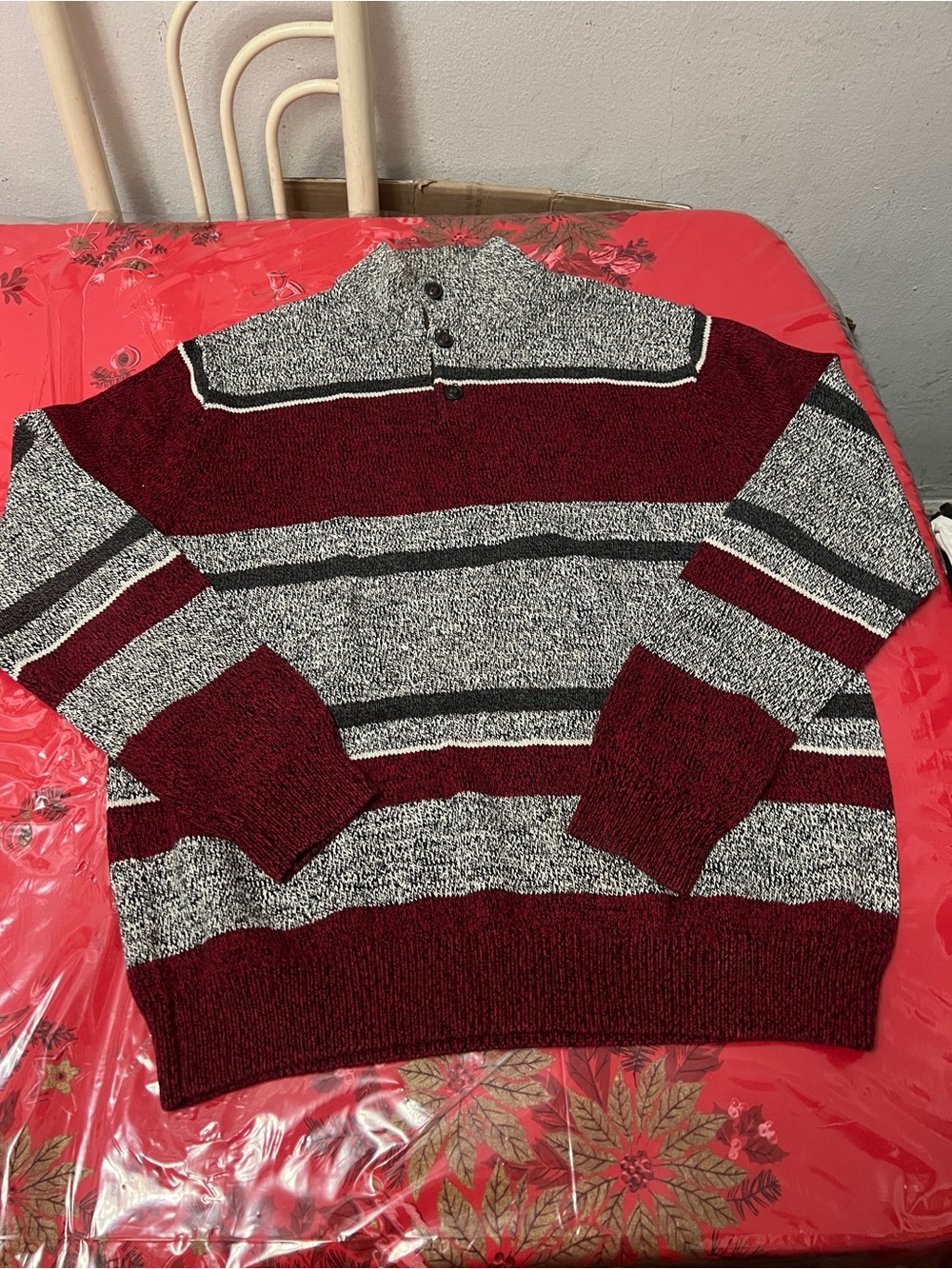 Chap’s Men’s Striped Mock Neck Henley Button Pullover Knit Sweater Mens Sz XL